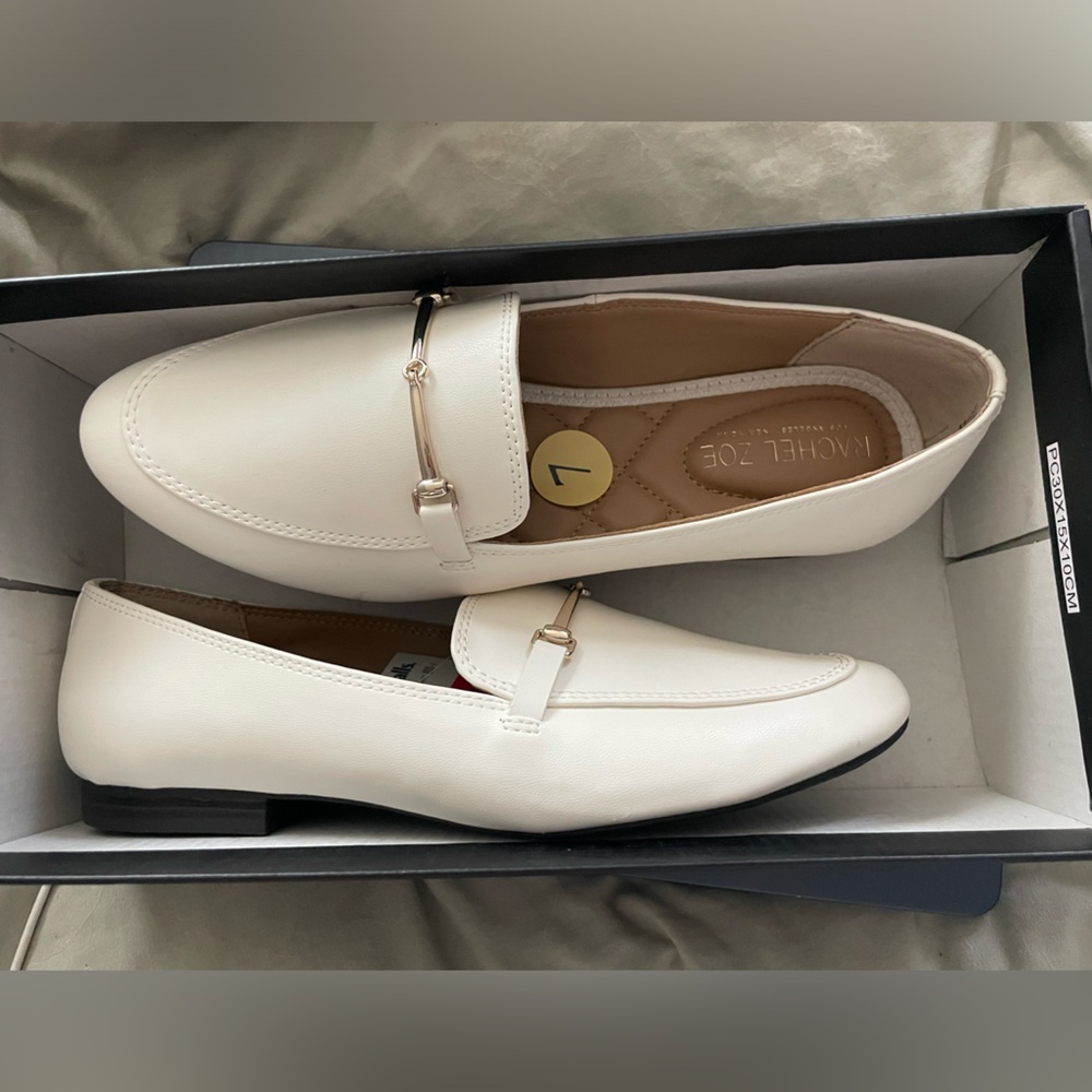 Rachel Zoe white leather moccasins, size 7.